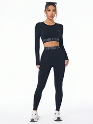 Women 2 Piece Workout Sets Hidden Scrunch Butt Lifting Seamless Leggings Long Sleeve Yoga Crop Tops