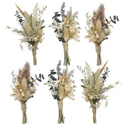6Pcs Dried Flower Boutonniere for Men Wedding Boho Fall Groom Boutonnieres Beige Rustic Bunny Tail Boutonniere with Pins