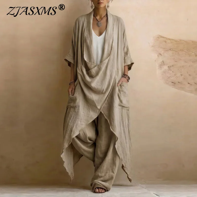 Draped Open Front Irregular Pleated Long Kimono Women Pockets Wide Leg Trousers Suit Bohemian Holiday Casual Loose Two Piece Set