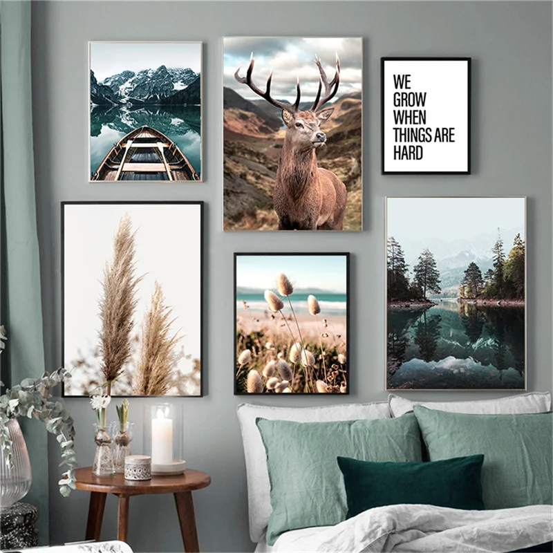 Nordic Landscape Painting Poster Marble Emerald Boat Aurora Reed Foggy Forest Elk Living Room Decoration Canvas Painting Poster