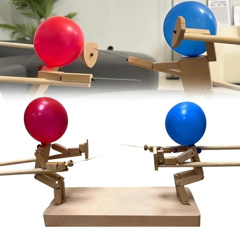 2024 New Handmade Wooden Fencing Puppets, Wooden Bots Battle Game for 2 Players,Fast-Paced Balloon Fight, Whack a Balloon Party