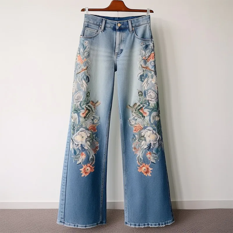 Fried Street Embroidered Flower Straight leg Jeans, Children's Autumn New Popular Wide Leg Pants  ripped jeans for women