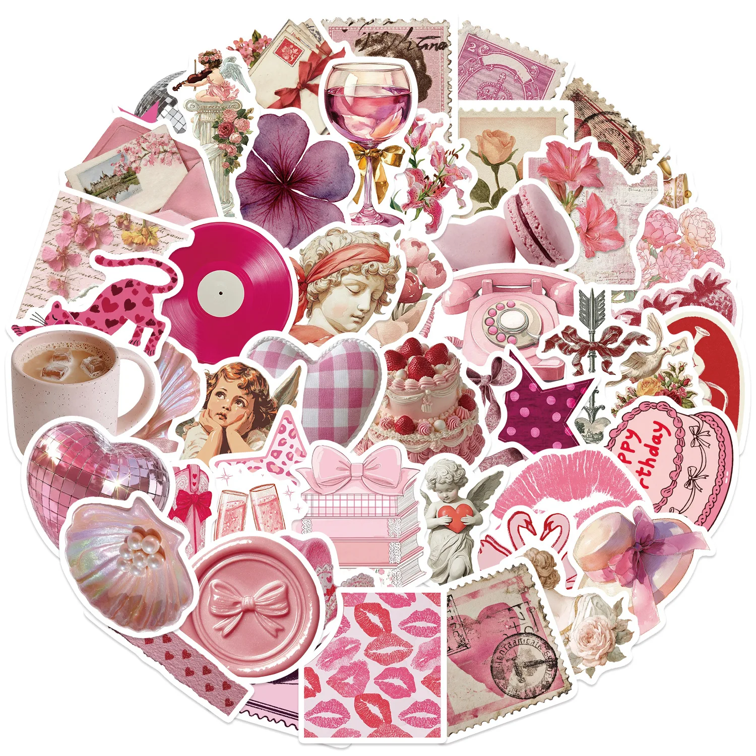 50 cartoon girls love poem pink stickers for decorating journals, DIY phone cases, and guitar waterproof stickers