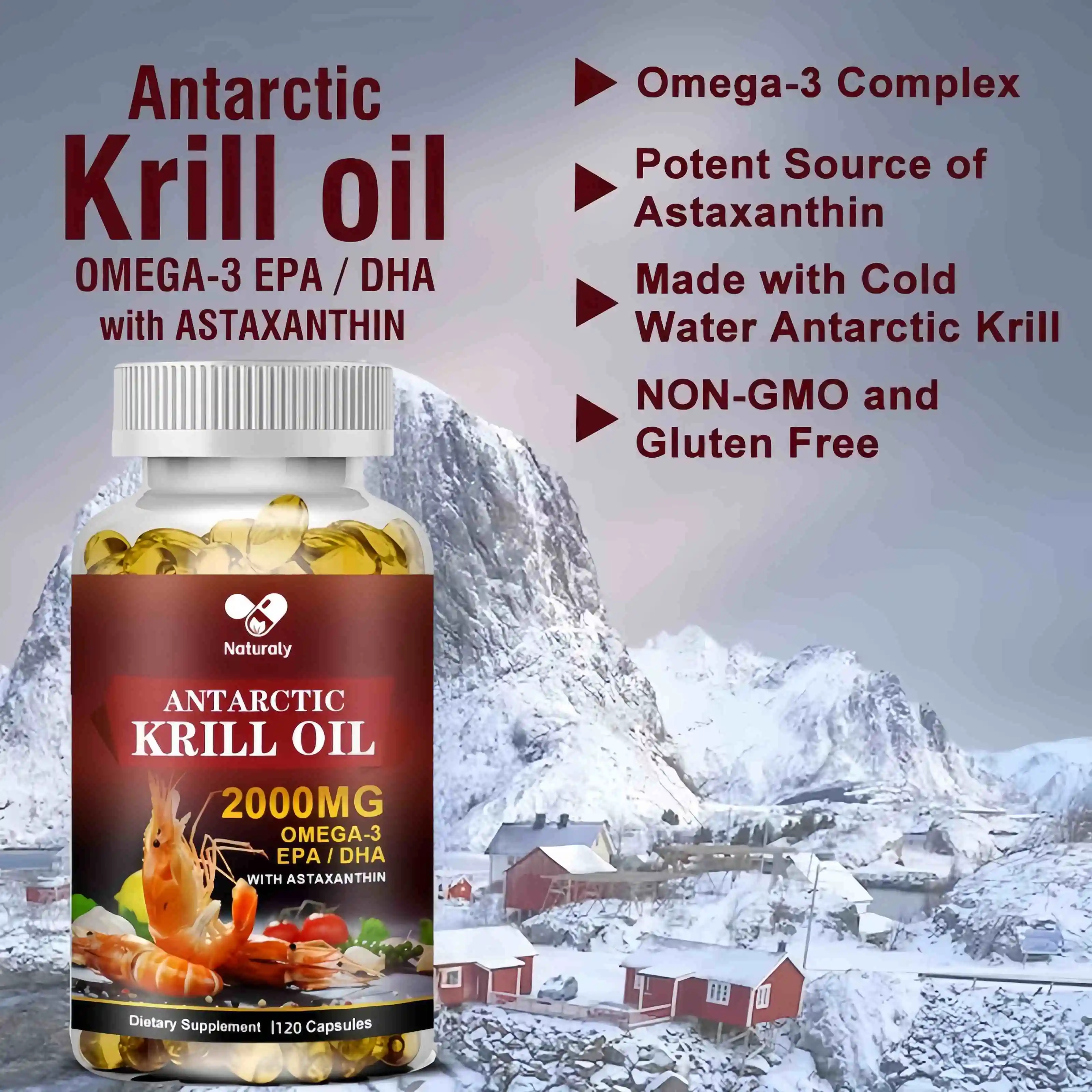 Antarctic Krill Oil Capsules 2000 mg with Omega-3s EPA, DHA, Astaxanthin and Phospholipids, Non GMO – 120 Softgels