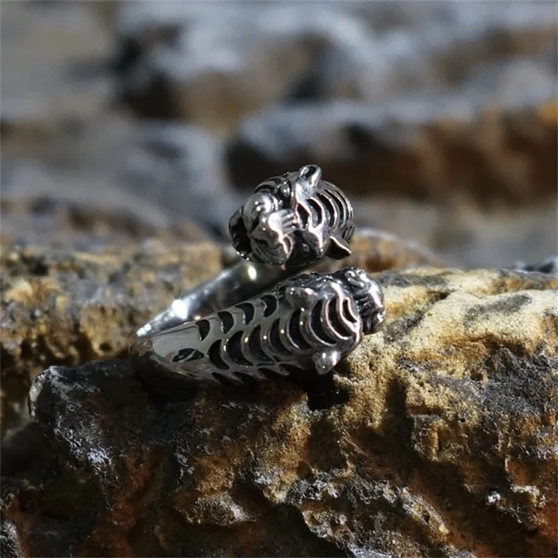 Classic Double Tiger Head Ring Punk Animal Vintage Stainless Steel Adjustable For Mens Party Gift Jewelry Fashion Wholesale