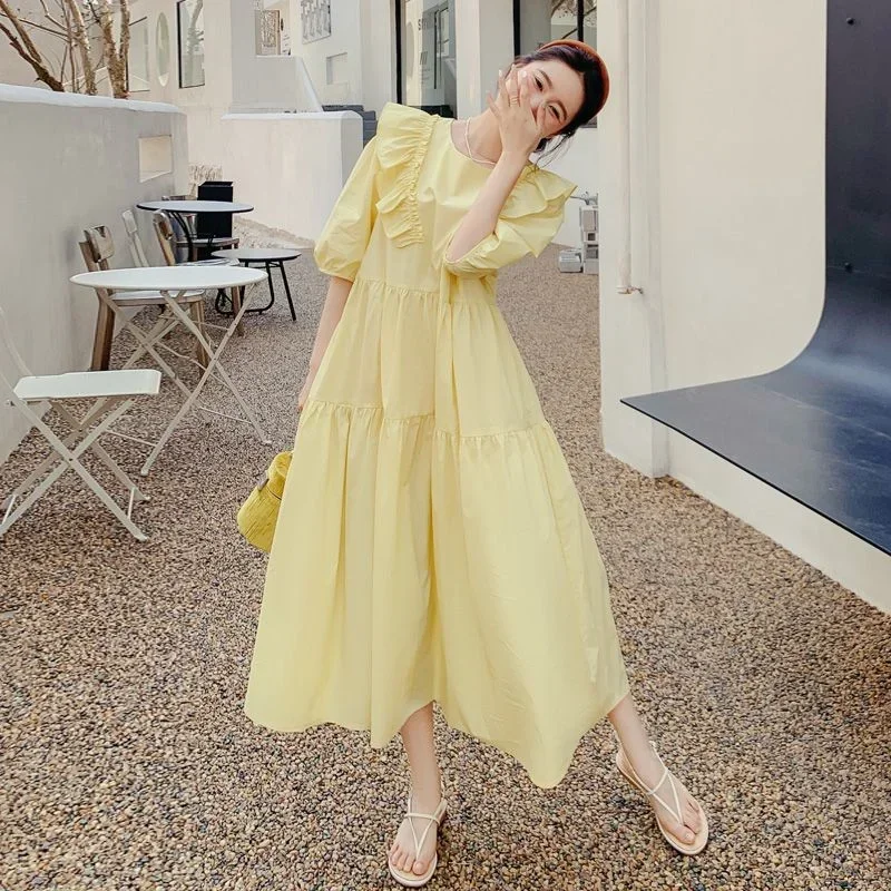 

Summer Fairy Mori Petticoat Korean Style Vintage Gentle Famale Fashion Long Dress Women Round Collar Puff Sleeves Loose Skirt