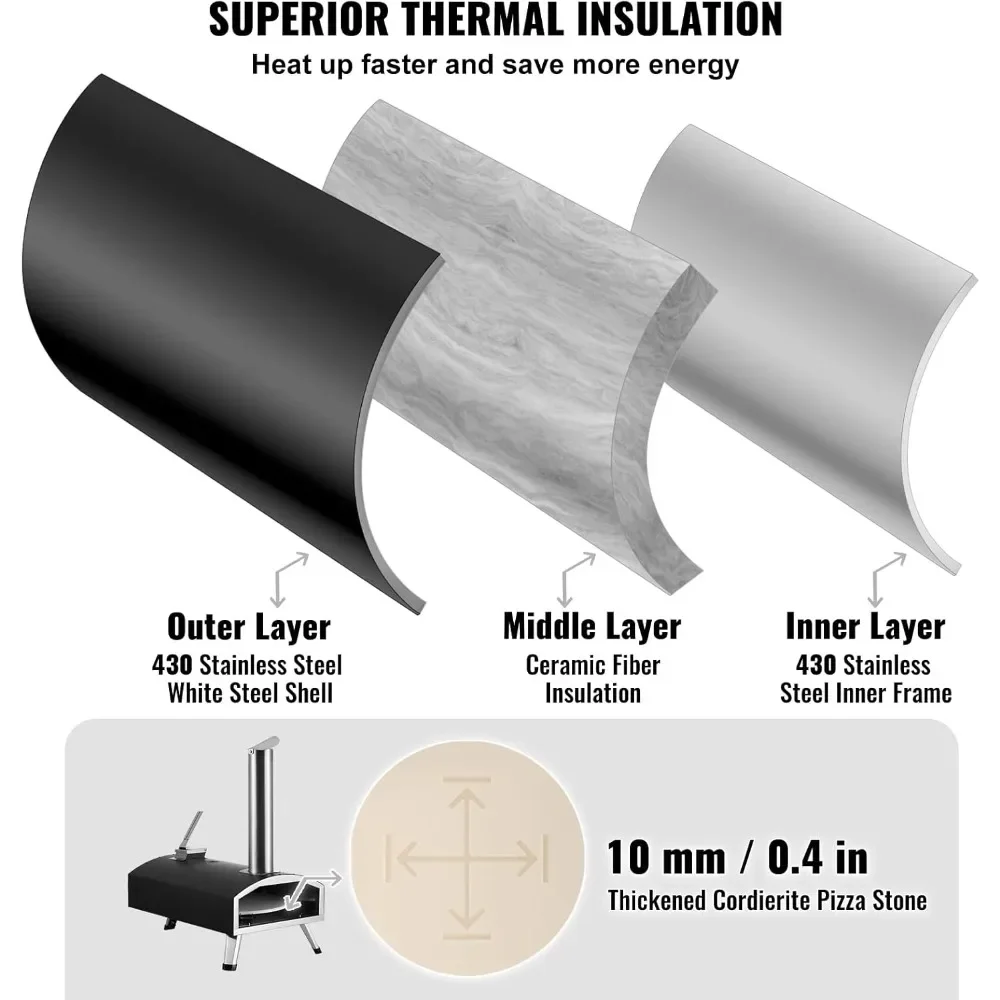 فرن بيتزا خارجي 12 يعمل بالخشب مع حجر دوار ومقياس حرارة مدمج من VEVOR