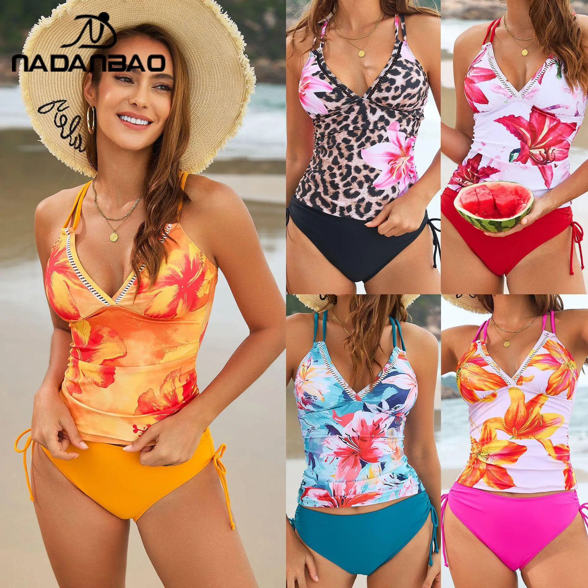Nadanbao Flower Print Women's Bikinis V-Neck Camisole Two Piece Swimsuit Set Cross Back Quick-Dry Swimwear Seaside Beachwear