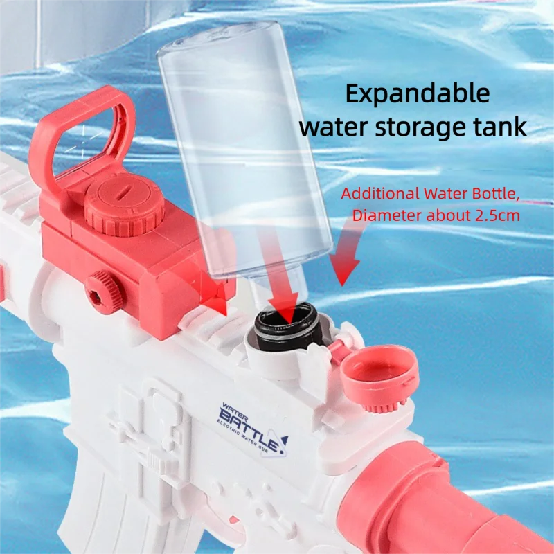 Pistola de água elétrica m416, brinquedo de longo alcance de grande capacidade, fogo contínuo embutido, 2.5cm de diâmetro, armazenamento de água externo, piscina, praia