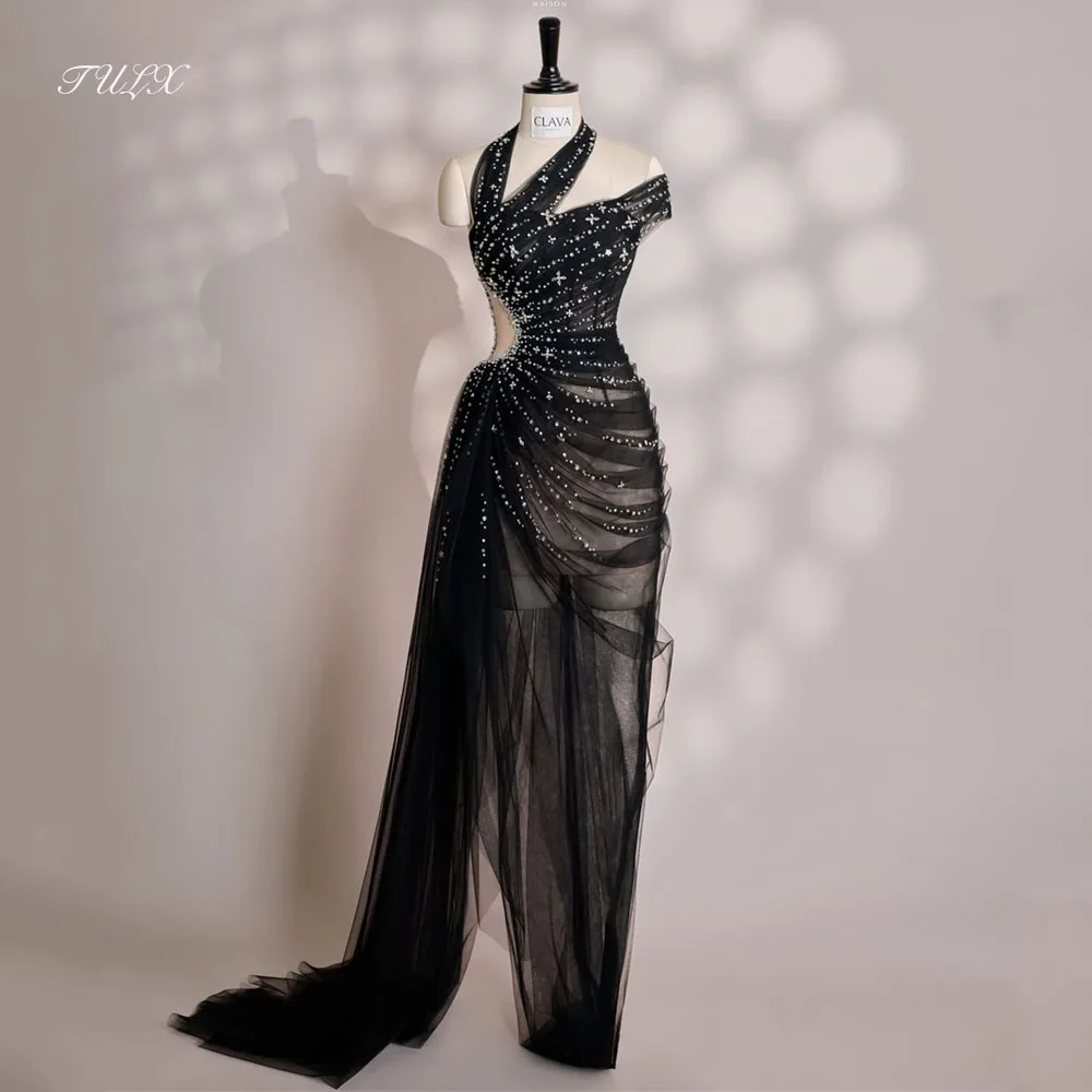 فستان سهرة عربي فاخر من التول الأسود من TULX فساتين حفلات مطرزة سباركلي مثيرة حورية البحر فستان رسمي طويل مخصص للمناسبات