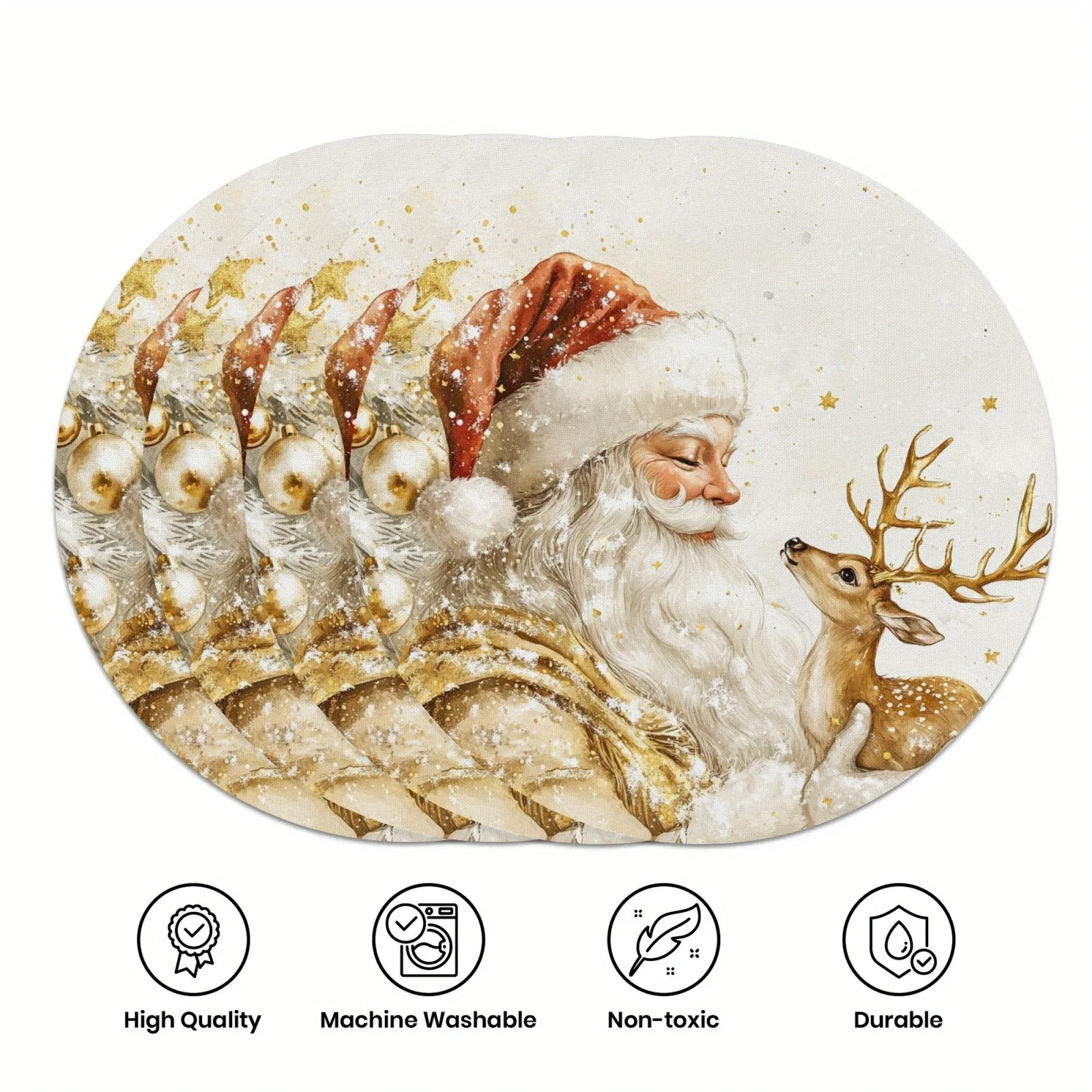 VIKAMA 4-Piece Santa's Reindeer Placemats Easy-Clean Family Gatherings Christmas Party Holiday Table Decor & Accessories