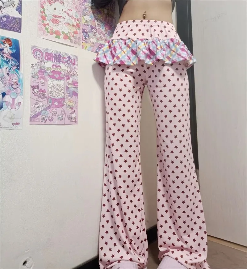Y2k Pants Star Fart Curtain Fake Two Pieces Micro Flared Pants Women 2026 Spring/summer New Thin Spicy Girl Slim Trousers Trend