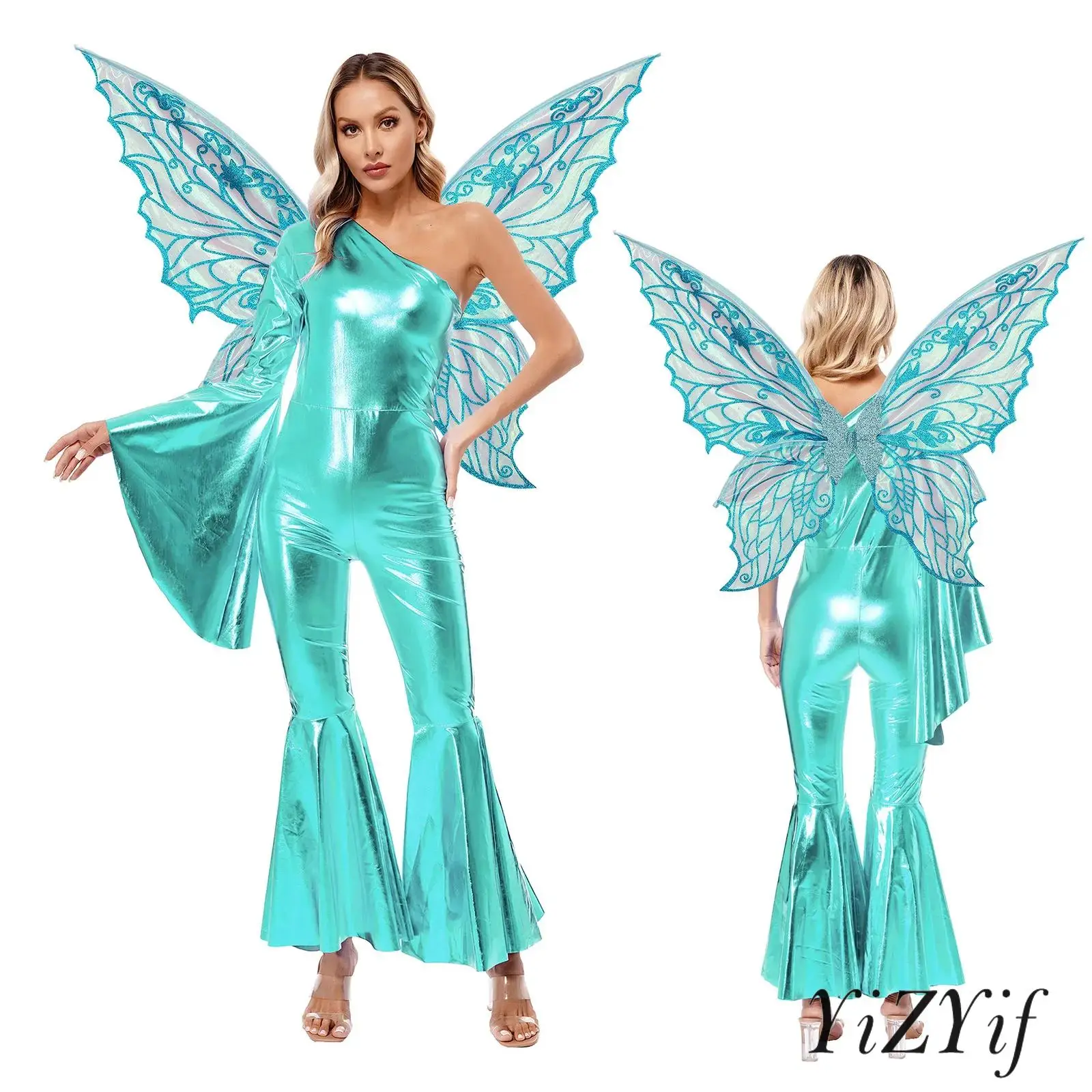 

Fancy Dress-up Halloween Carnival Festival Fairy Tale Elf Cosplay Costume Theme Party Bell-Bottom Jumpsuit + Wings 2Pcs/Set