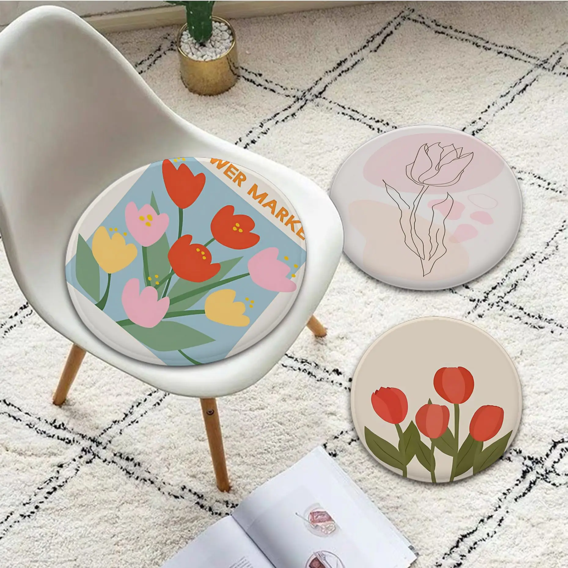 

Tulip Flower Four Seasons Fabric Cushion Non-slip Living Room Sofa Decor Students Stool Tatami Office Seat Mat