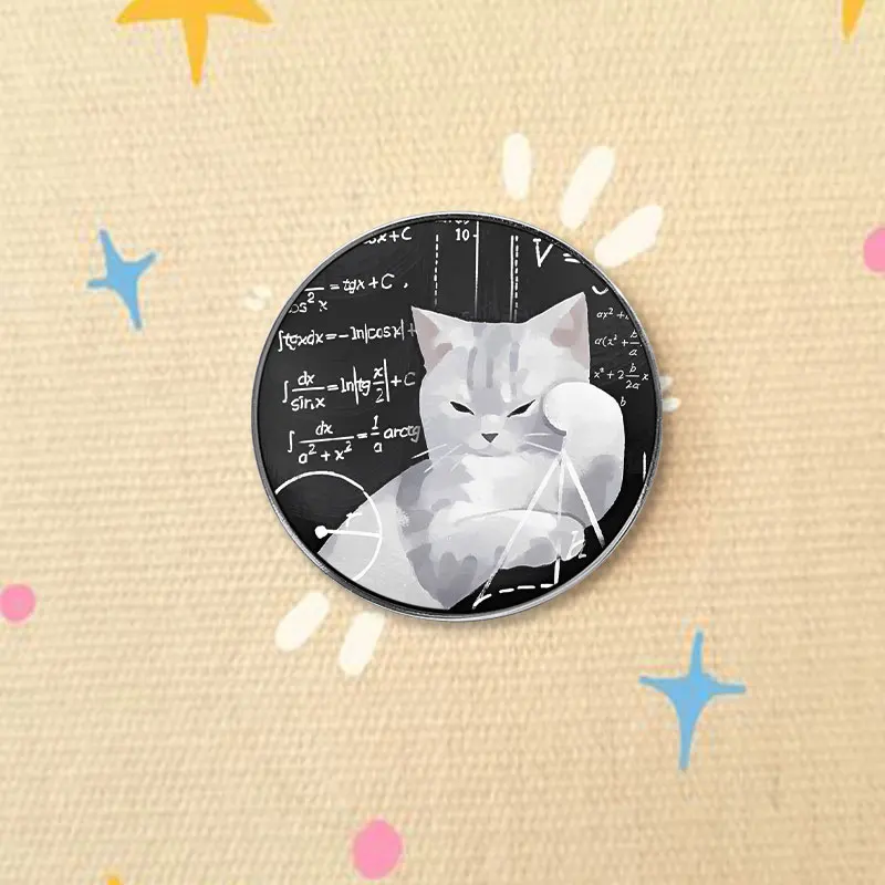 Smart Math Cat UV Printing Badge Calculus Formula Blackboard Pin Alloy Brooch Lapel Backpack Jewelry Gift For Student