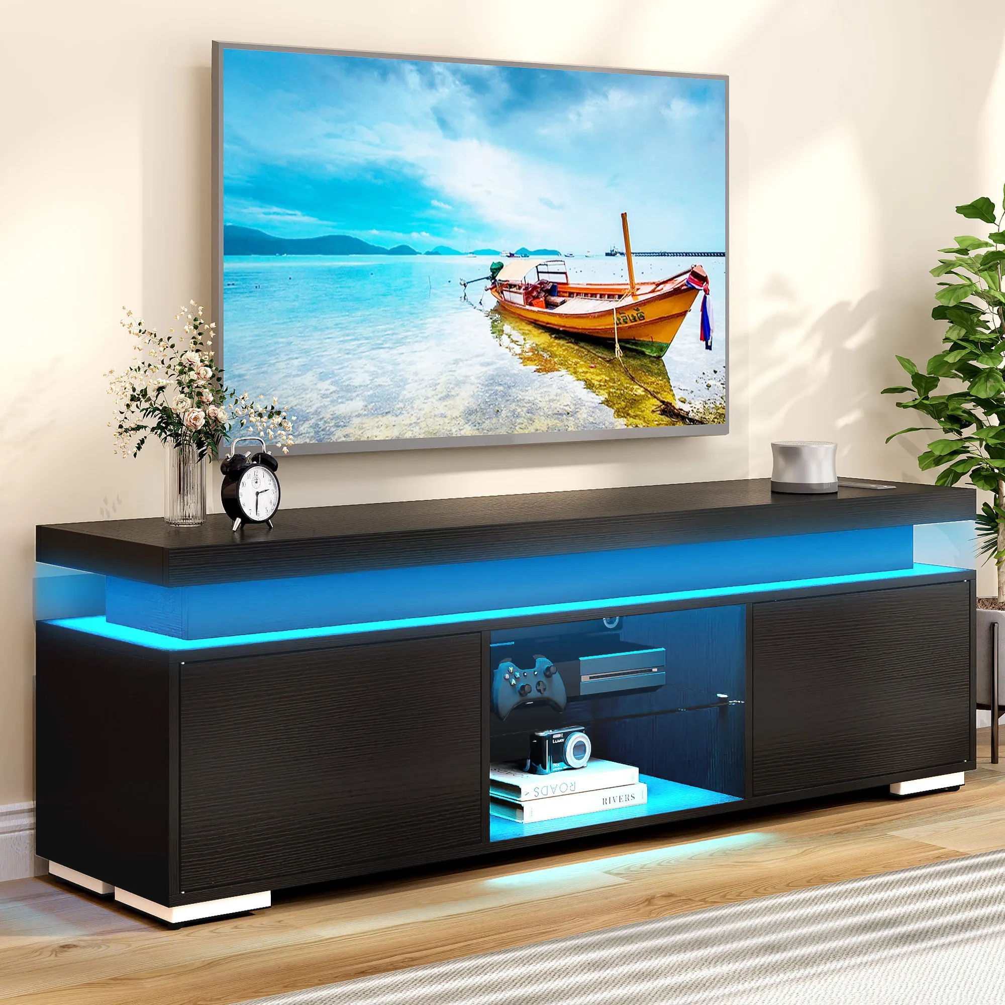 Modern TV Stand with Power Outlets & LED Lights For TVs up to 65