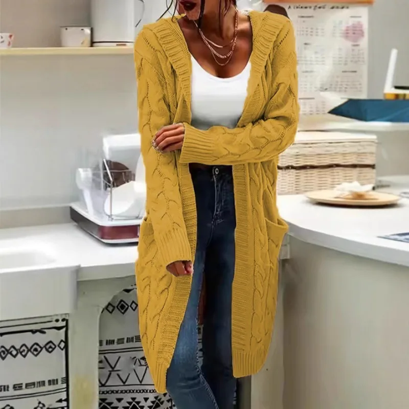 Cardigan da donna Autunno e inverno Maglione con torsioni di pasta fritta Cappotto lungo in maglia tinta unita Nuovo cardigan lavorato a maglia con tasca con cappuccio