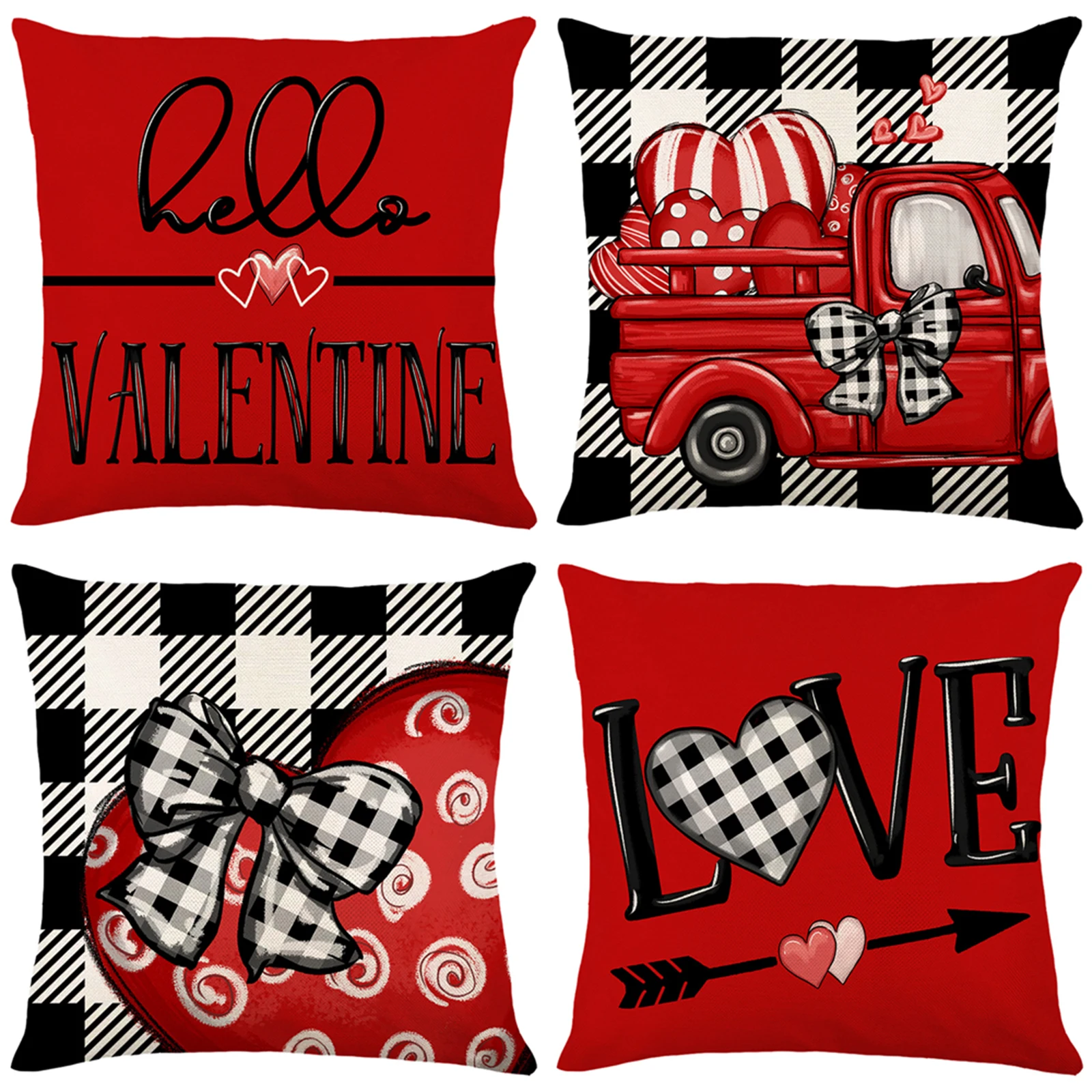 4Pack Valentine\'s Day Decor Pillowcase Soft Linen Square Throw Pillow Covers Bed Sofa Pad Waist Cushion Covers Red Pillow Cases