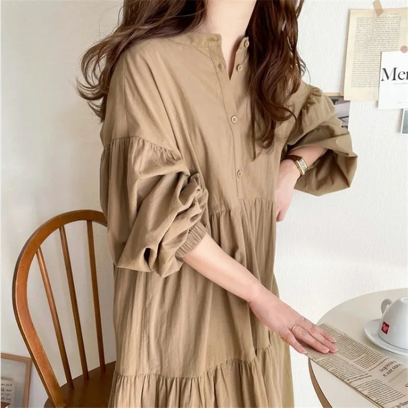 

Fashion Solid Color Lapel Pleated A-Line Shirt Dress Spring Summer Long Sleeves Loose Maxi Dresses For Urban Lady