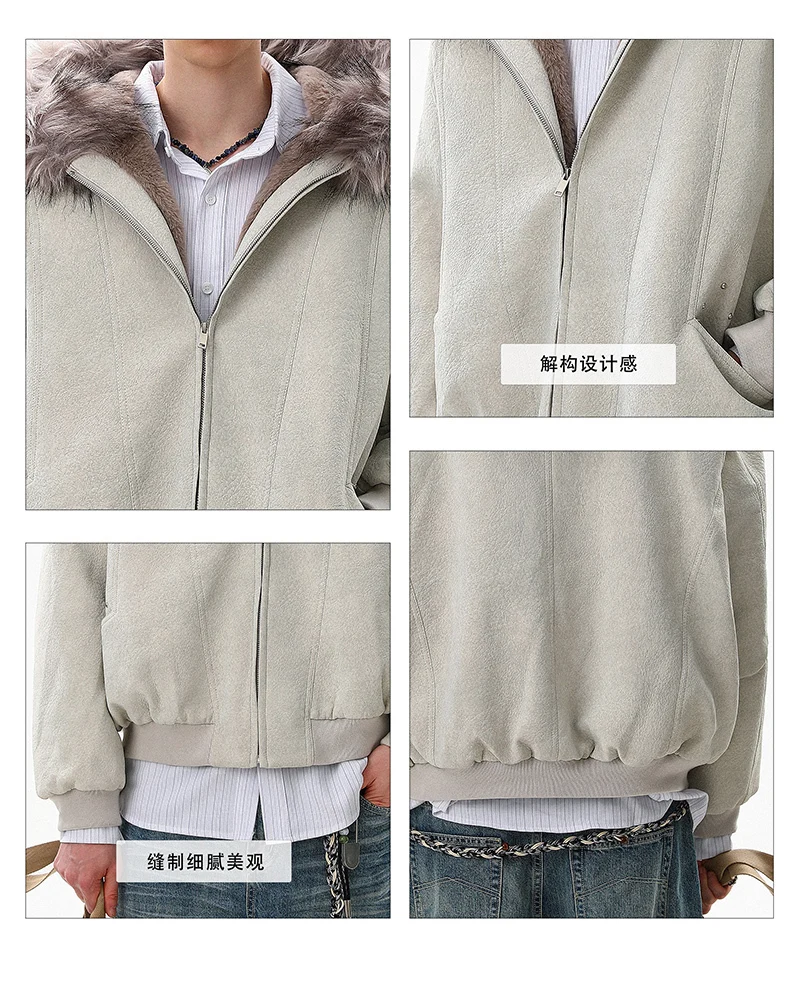 루젠 2025 겨울 고품질 인조 모피 후드 패딩 코트 남성 패션 우아한 분위기 단색 캐주얼 파카 JY5424