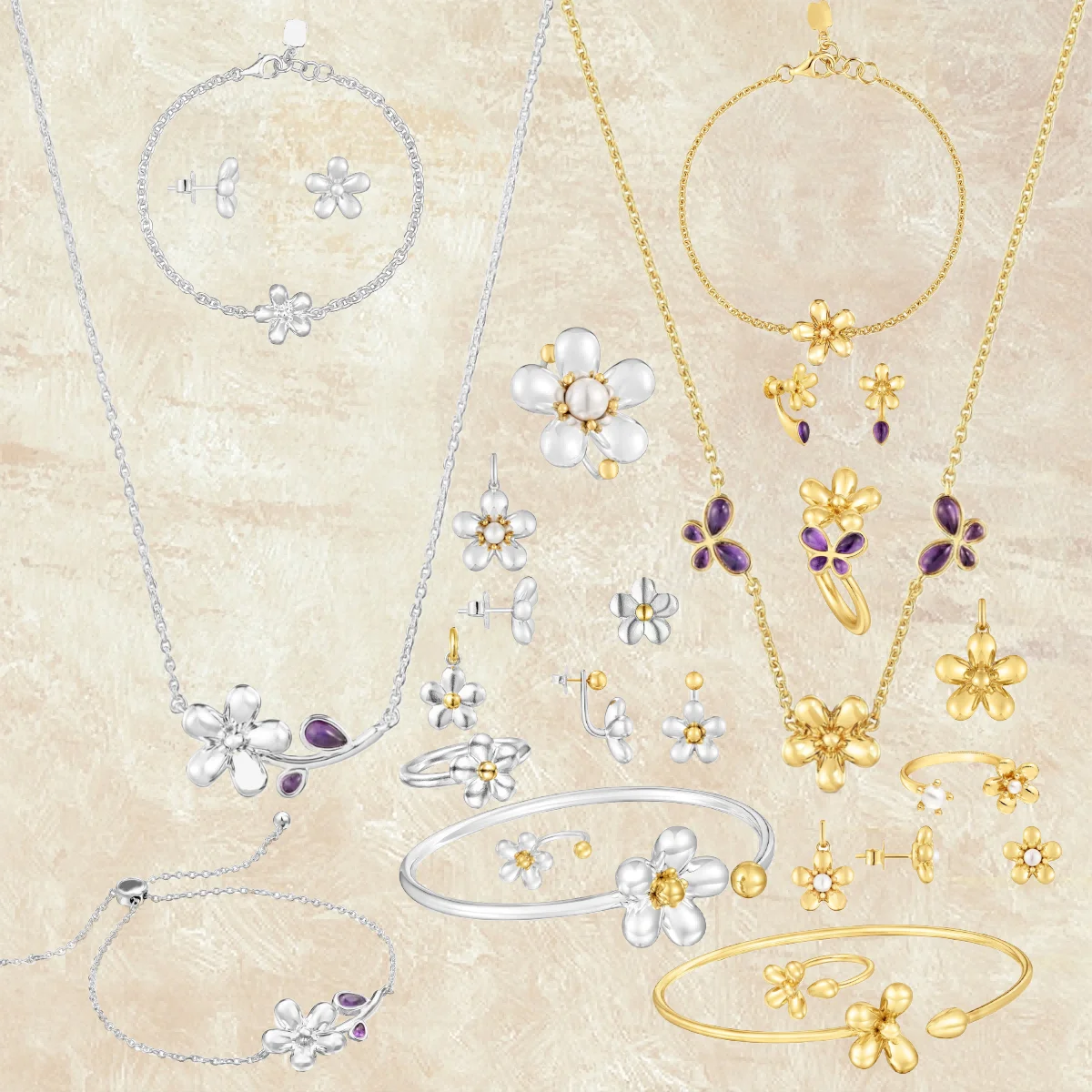 

S925 JTZY Two-Tone Floral Bridal Set, Wedding Party Must-Have - Bride's Luxury Shining Essential