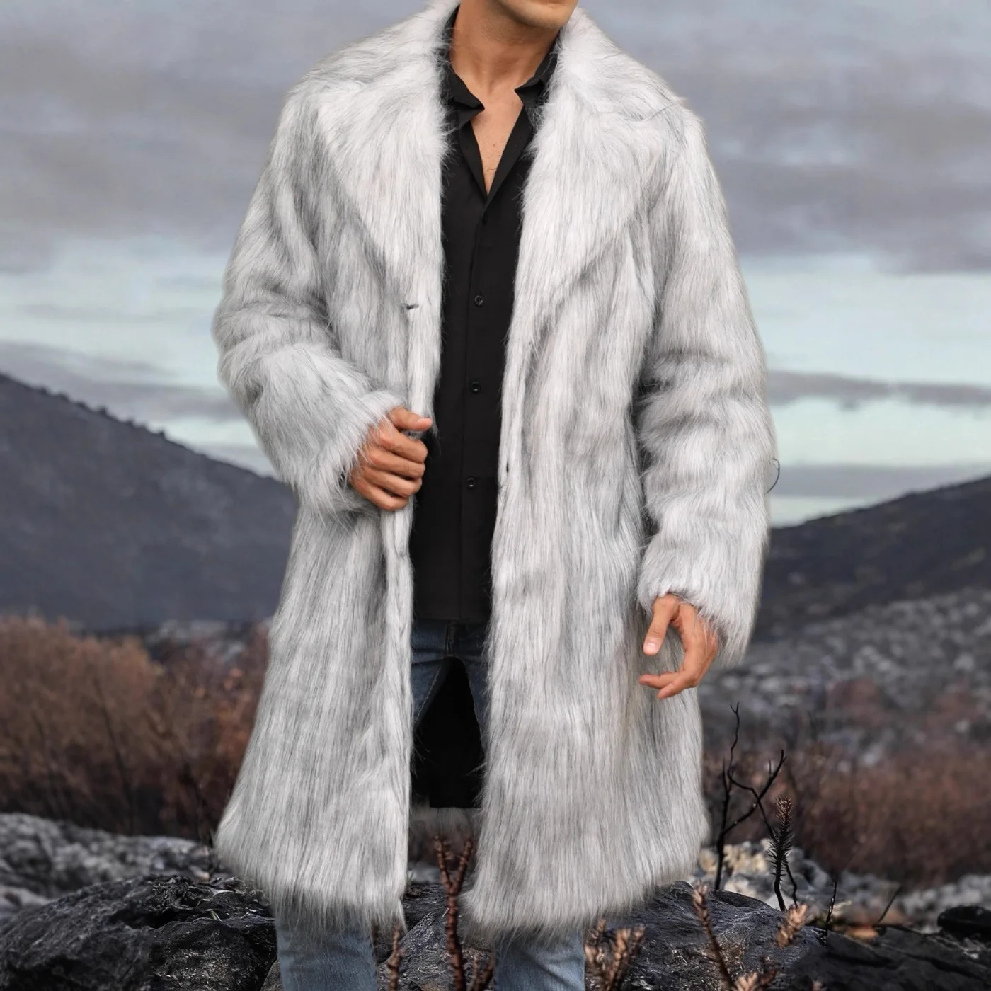 

2025 Autumn Winter New Men Gray Spliced Faux Fur Long Overcoat Thick Warm Plush Jacket Casual Versatile