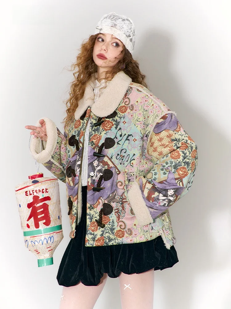 

Original Chinese Witch Winter Cotton Jacket Women's Furry Fur Integrated New Year's Battle Robe Elf Sack Casual Loose Fit