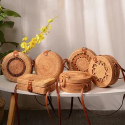 Summer Round Straw Handbags for Women 2024 Retro Style Handmade Rattan Bag Woven Beach Travel Bag Fashion Shoulder CrossBody Bag