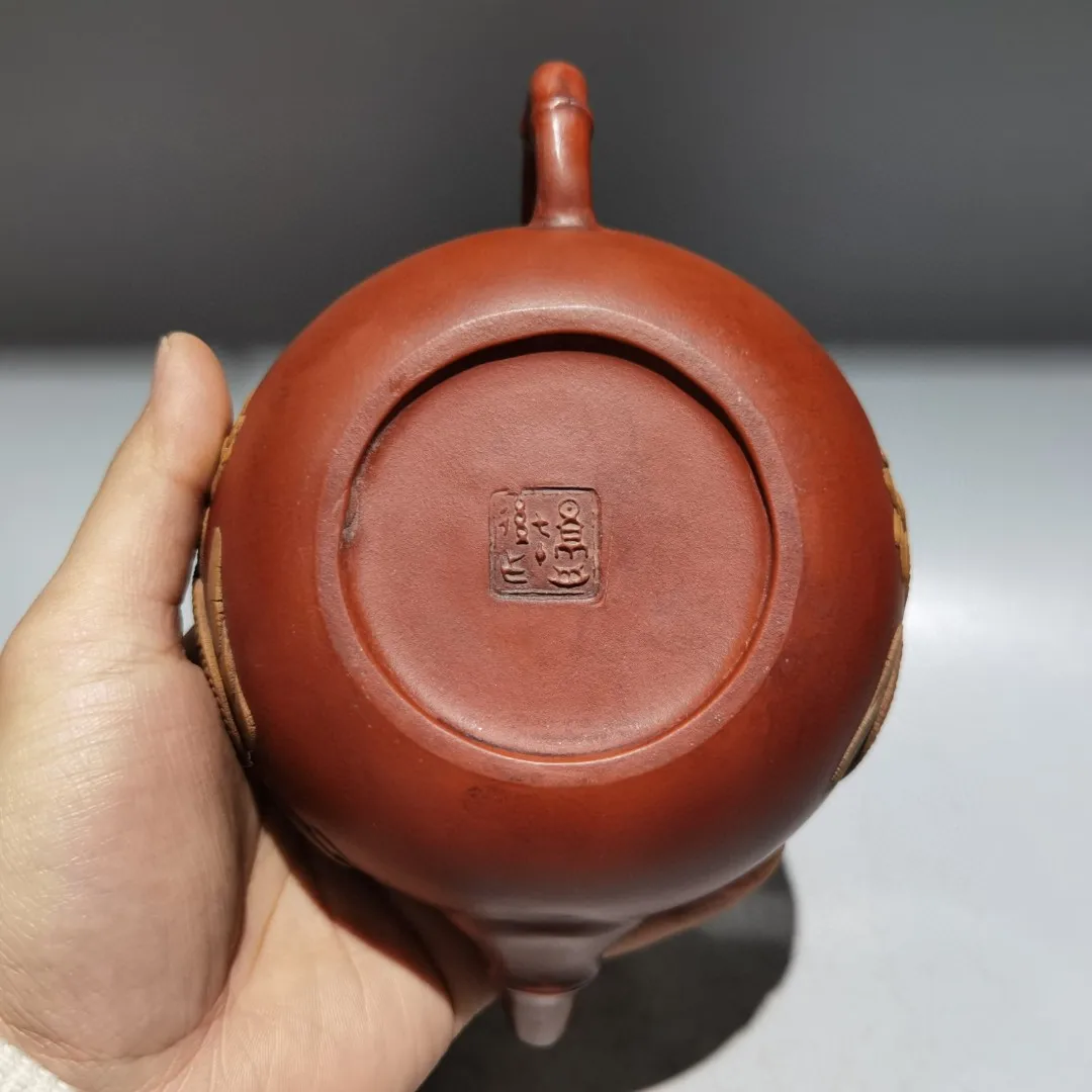 

8"Old Xizang Folk Collection Yixing Purple clay pot Chinese Loong Dragon Texture Bamboo nodes Kettle Teapot Flagon Gather