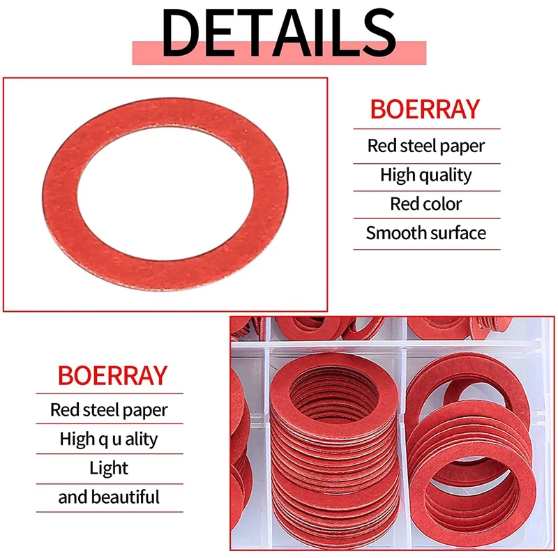 Kit assortito per rondella in fibra da 600 pezzi Kit di rondella piatta in fibra di carta in acciaio rosso di 12 dimensioni Kit di assortimento di guarnizioni ad anello piatto