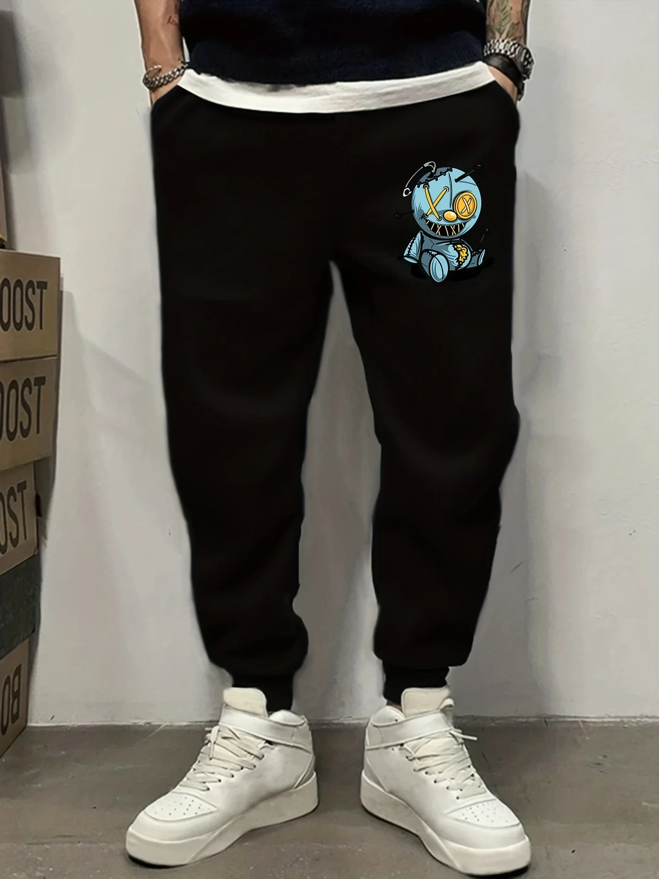 Spook‑tinged Voodoo Doll Stitched Punk Cartoon Graphic Print Stylish Tapered Men Sweatpants Hip Hop Sports Jogger Trousers