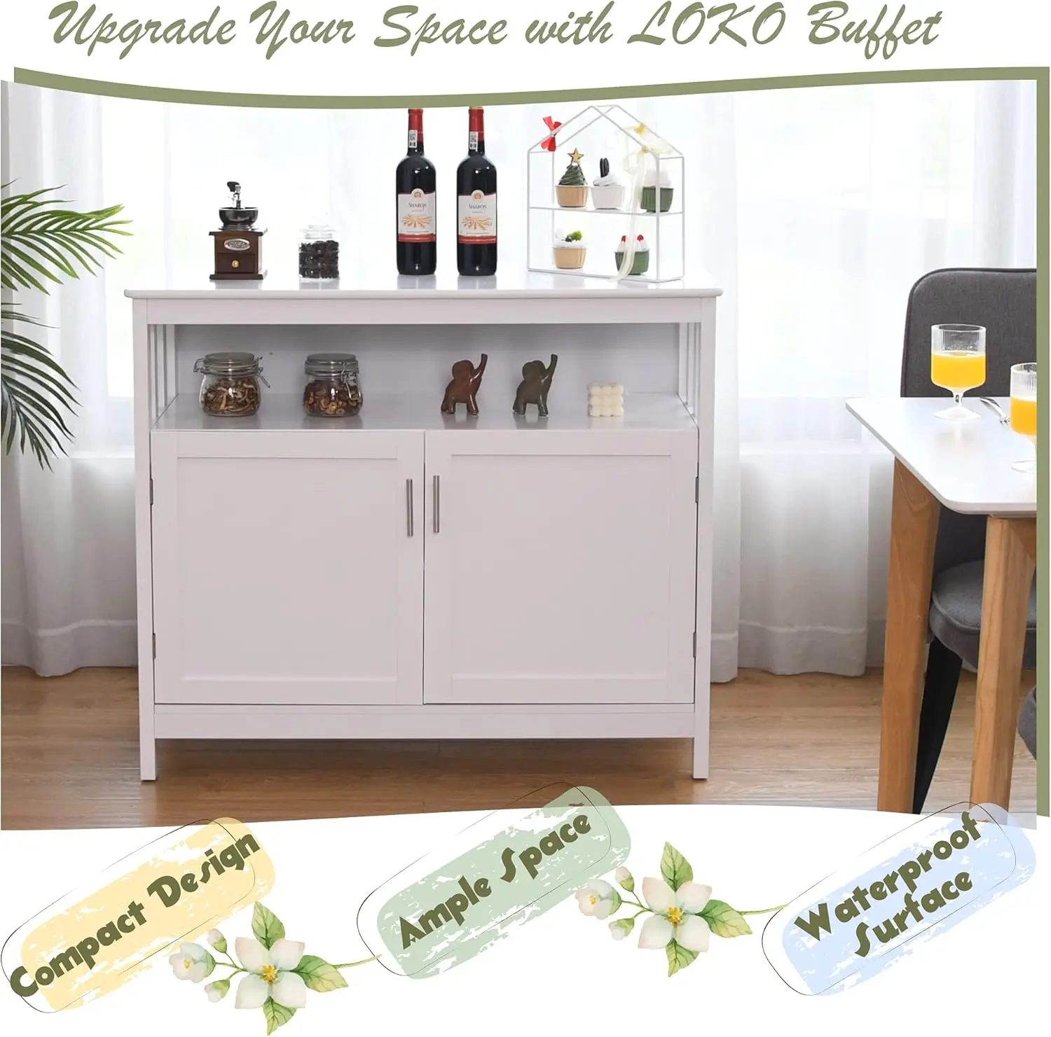 خزانة بوفيه مع رف قابل للتعديل، خزانة جانبية لتخزين النبيذ، 40 × 16 × 34 بوصة #4