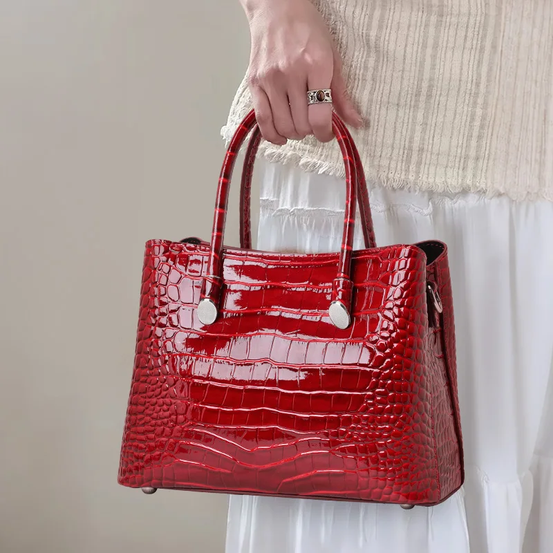 Genuine Leather Crocodile Pattern Women's Handbag, Light Luxury High-End Versatile Crossbody Bag, Red Cowhide Tote Bag