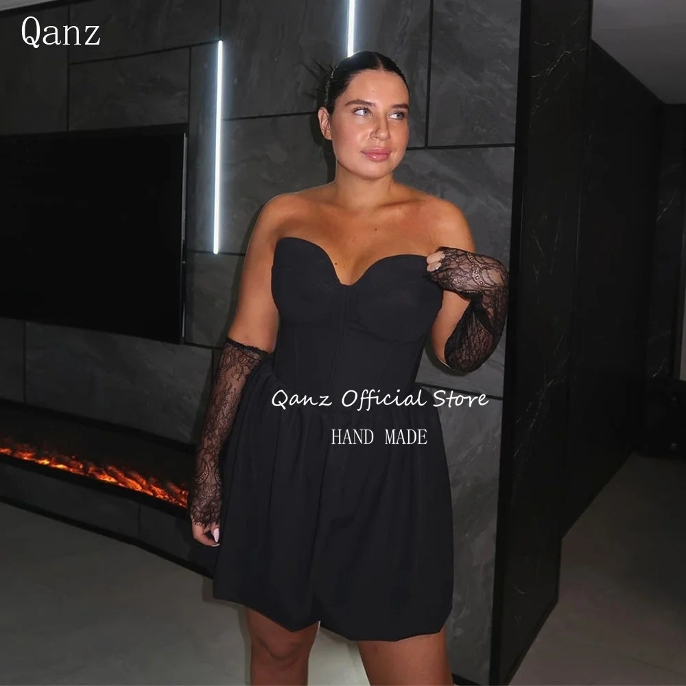 

Qanz Simple Sweetheart Prom Dresses Long Sleeves Lace Up Back Cocktail Dress A Line Above Knee Birthday Dresses Customized