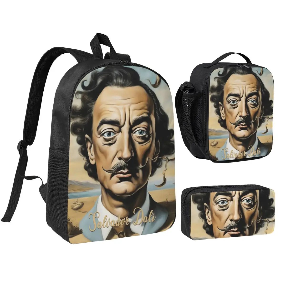 

Salvador Dali Backpack Boys Girls BookBag School Bag Shoulder Bags 3ps Insulated Lunch Bag Pencil Case