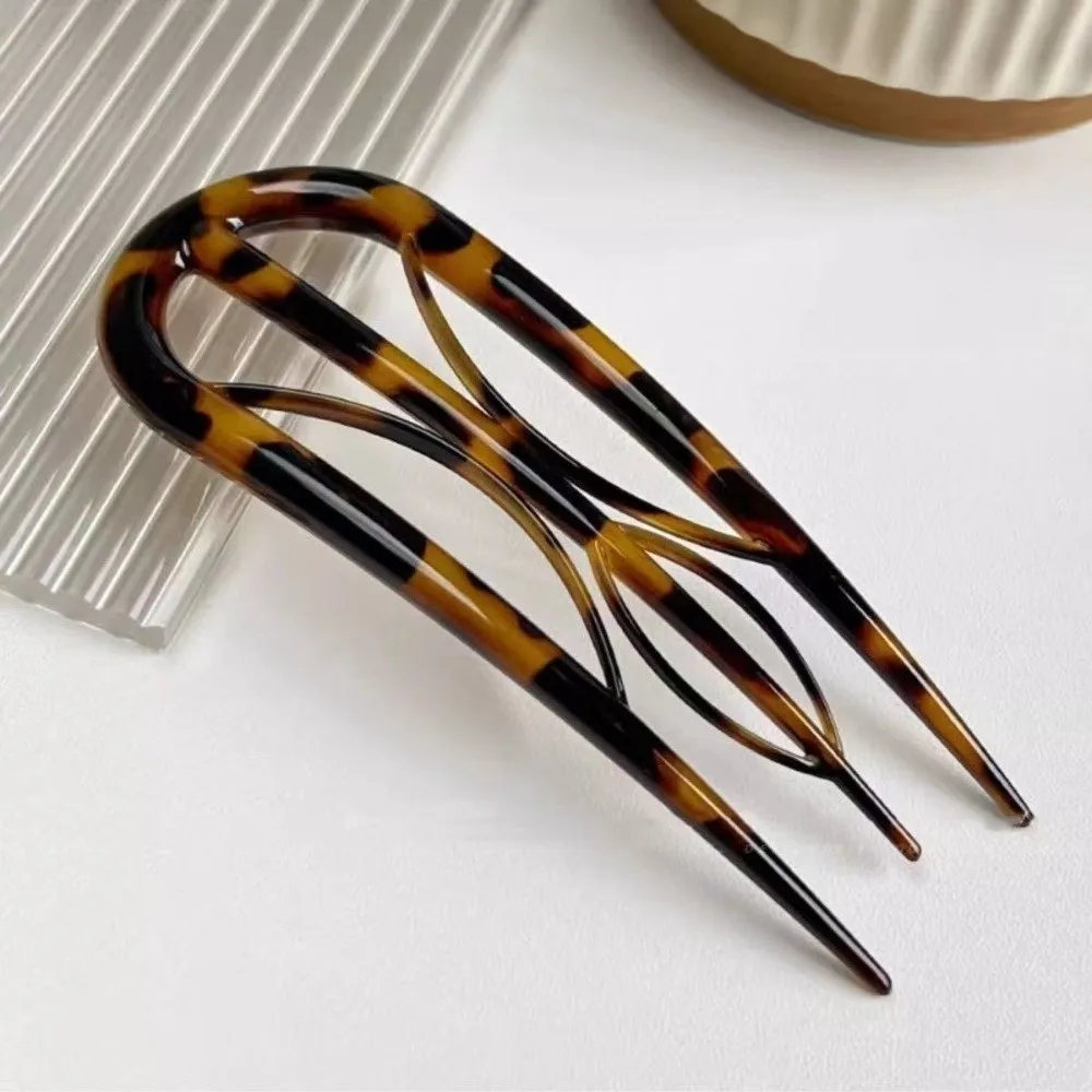 Elegant Acetate U-shaped Hair Stick Multi-pronged Geometric Hair Fork Leopard Print Hair Clip Women