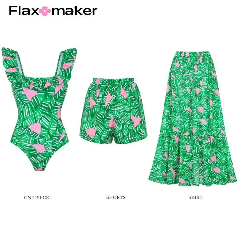 FLAXMAKER-One Piece Maiô e Saia, Decoração Impressão, Bodysuit Manga Longa, Surf Wear, Clearance Atacado