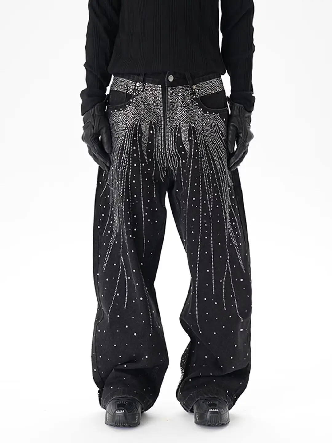 Stage Dancing Rhinestone Print Washed Black Baggy Jeans Mens and Women Ropa Hombre Streetwear Solid Casual Denim Trousers Cargos