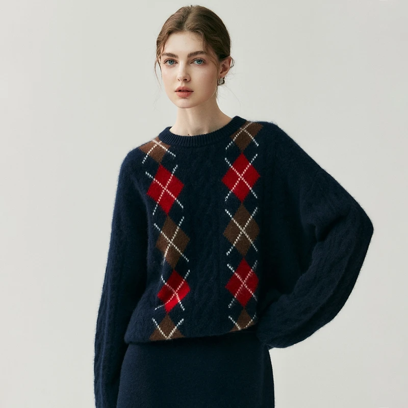 

Новый элегантный пуловер Argyle, женский 100% кашемировый толстый классический модный свитер, осень-зима, удобный мягкий трикотаж с круглым вырезом