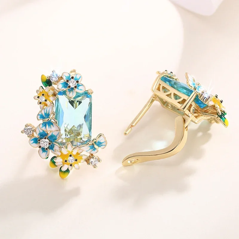 Huitan Blue Yellow Flowers Enamel Earrings with Big Sky Blue CZ Aesthetic Drop Earrings for Women Wedding Party Unique Jewelry