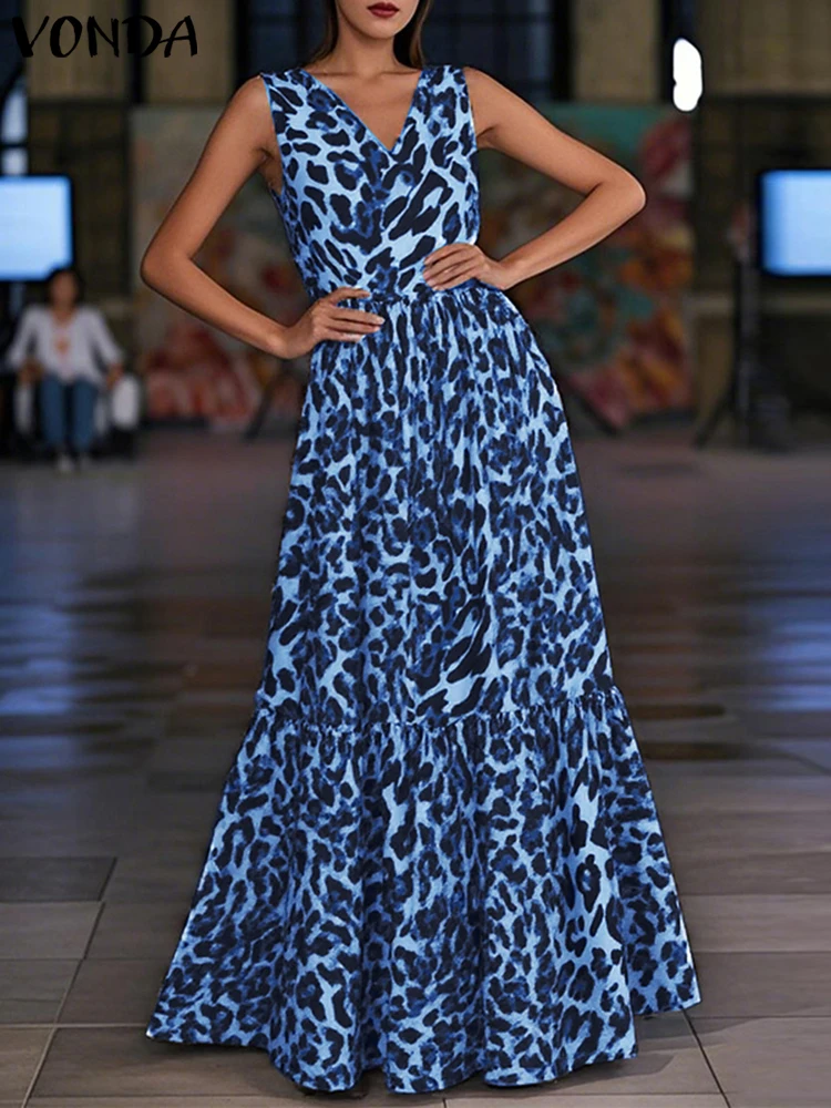 Vonda feminino leopardo impressão vestido vintage sem mangas babados maxi longo vestido de verão 2025 verão festa vestidos casuais com decote em v robe