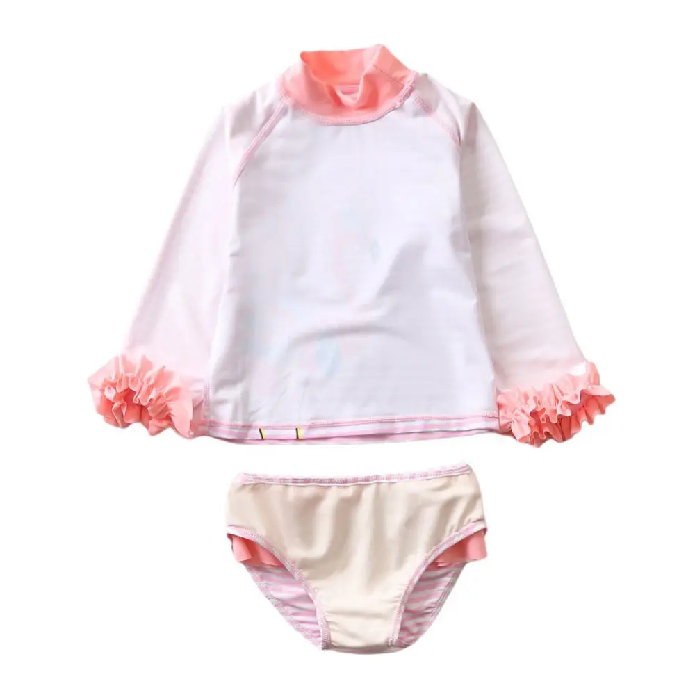 Girls Sunscreen Long Sleeve Swimsuit + Swim Shorts Two Piece Kids Flaming Bird Pattern Ruffle Swimsuit Set 1-12 Years Old