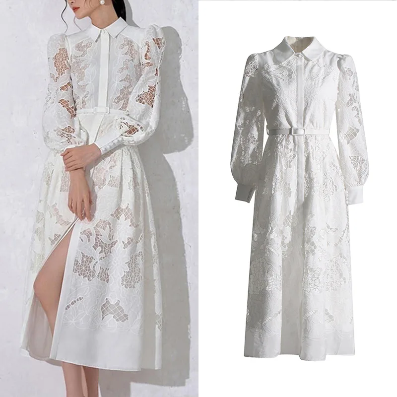 

Elegant Annual Meeting Dress 2024 Spring New Product Flip Collar Long Sleeve Waist Design Embroidered Women's Dress dresses