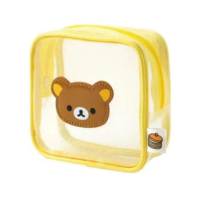 Kawaii Cute Rilakkuma Wash Bag Mesh Square Small Item Transparent Miscellaneous Storage Makeup Bag Cartoon Ins Gift For Girls