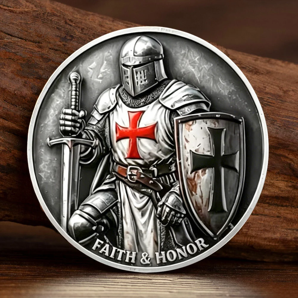 2D Printed Crusader and Knight Silvery Plated Commemorative Coin Faith and Honor Knight Warrior Souvenir Coin