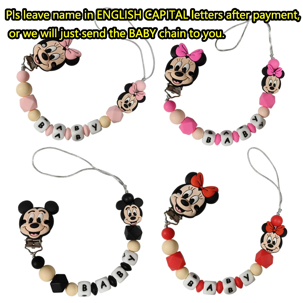 

Minnie Mickey mouse Donald Duck Daisy Silicone bead Personalized Name Pacifier Chain Clips nipple Holder Teething Chain