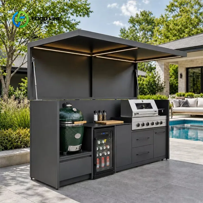 Dual Grill Outdoor BBQ Cooking Station Custom 304 Stainless Steel Folding Canopy Corrosion Resistant for Poolside Patio