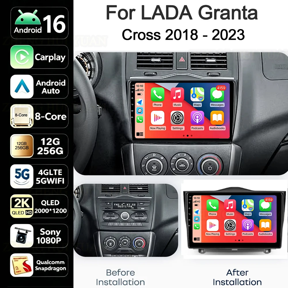 Android 16 Carplay&Auto Autoradio Navigation Multimedia Stereo Player QLED 4G Für LADA Granta Cross 2018 - 2023