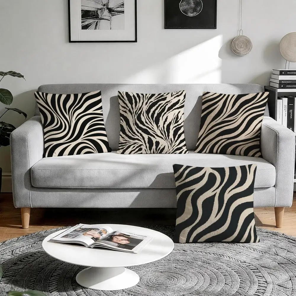 Zebra Print Cushion Cover Natural Breathable Durable Linen Printed Decor Pillow Case Sofa Bedroom