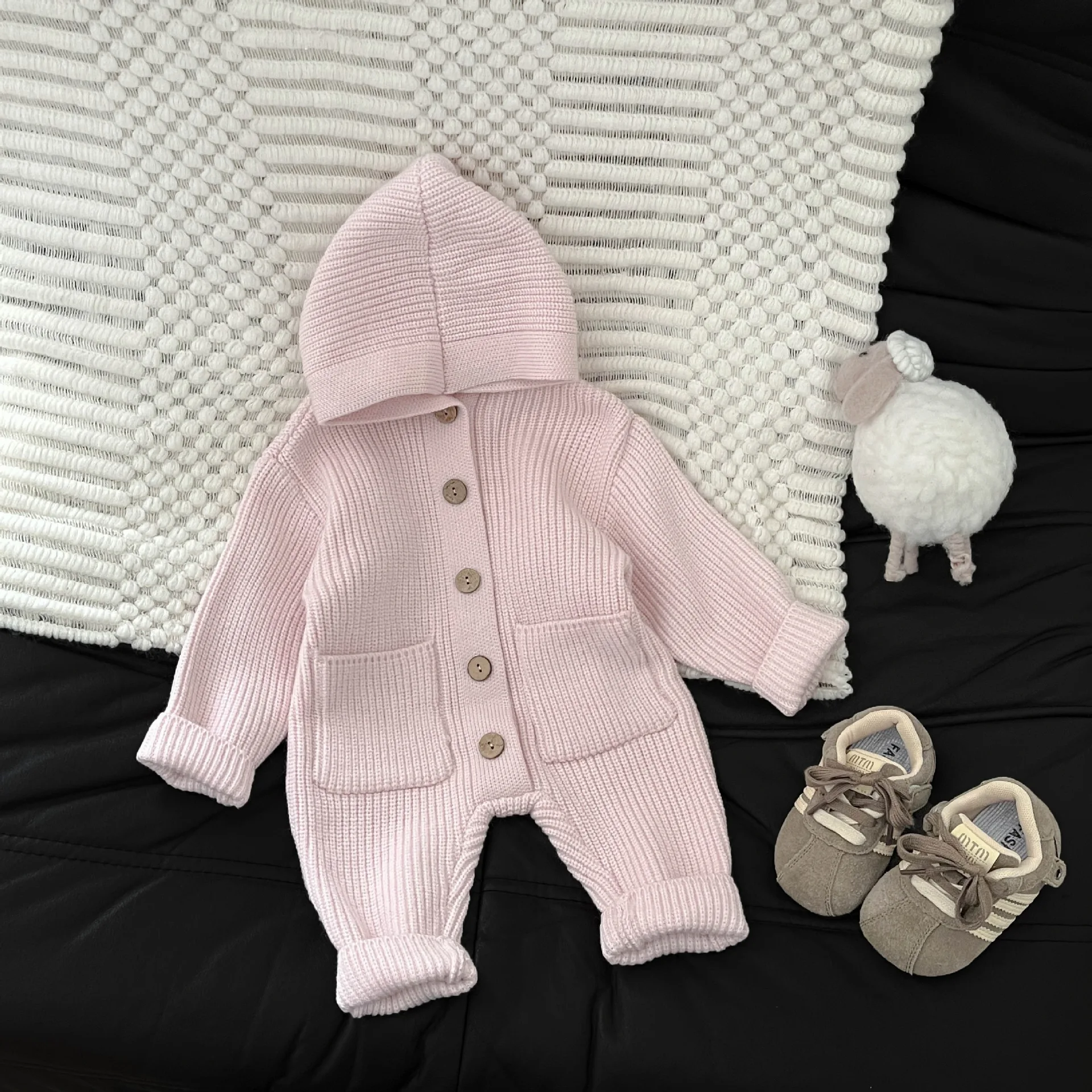 2025 Autumn New Baby Long Sleeve Knit Romper Boy Girl Newborn Warm Hooded Jumpsuit Solid Toddler Sweater Infant Casual Clothes